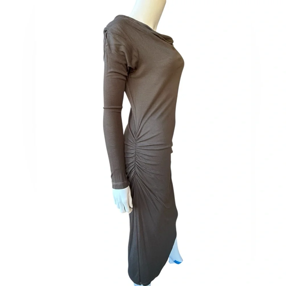 Vintage 00’s JAMES PERSE khaki/ brown l/s draped body con maxi dress Large - Picture 4 of 6